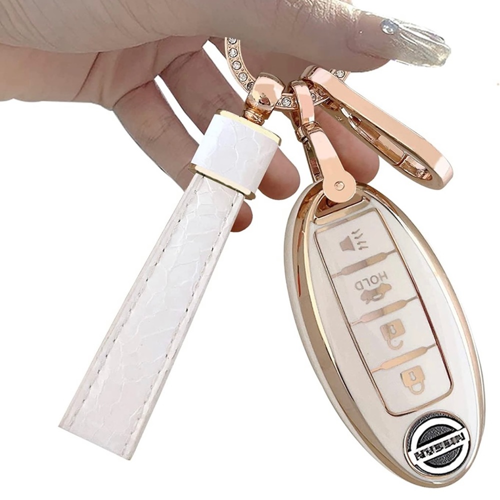 💚4/$20 Car Key Fob Cover for Nissan 4 Buttons with Keychain White/Gold Trim NWT